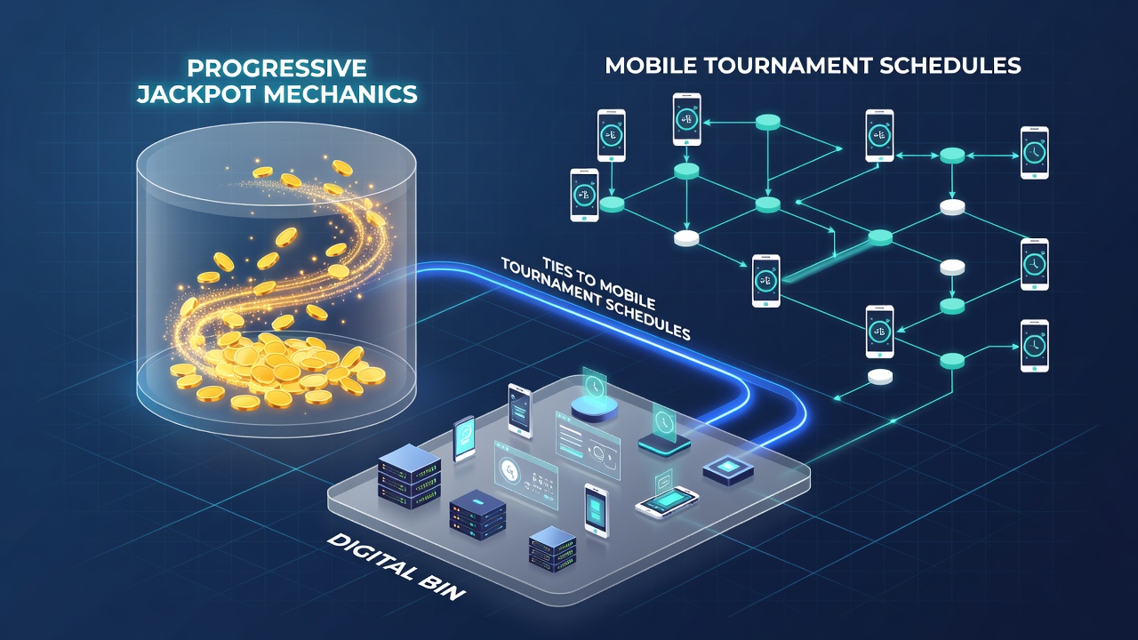 Mobile bingo tournament leaderboard displaying jackpot progress alongside scheduled event times
